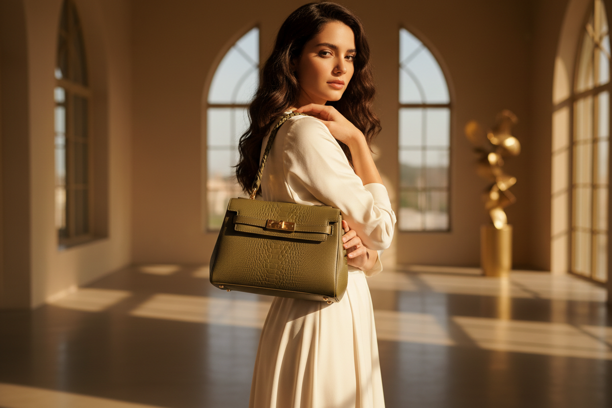 bir kadın kol çantasının ön planda olduğu estetik güzel bir kadın