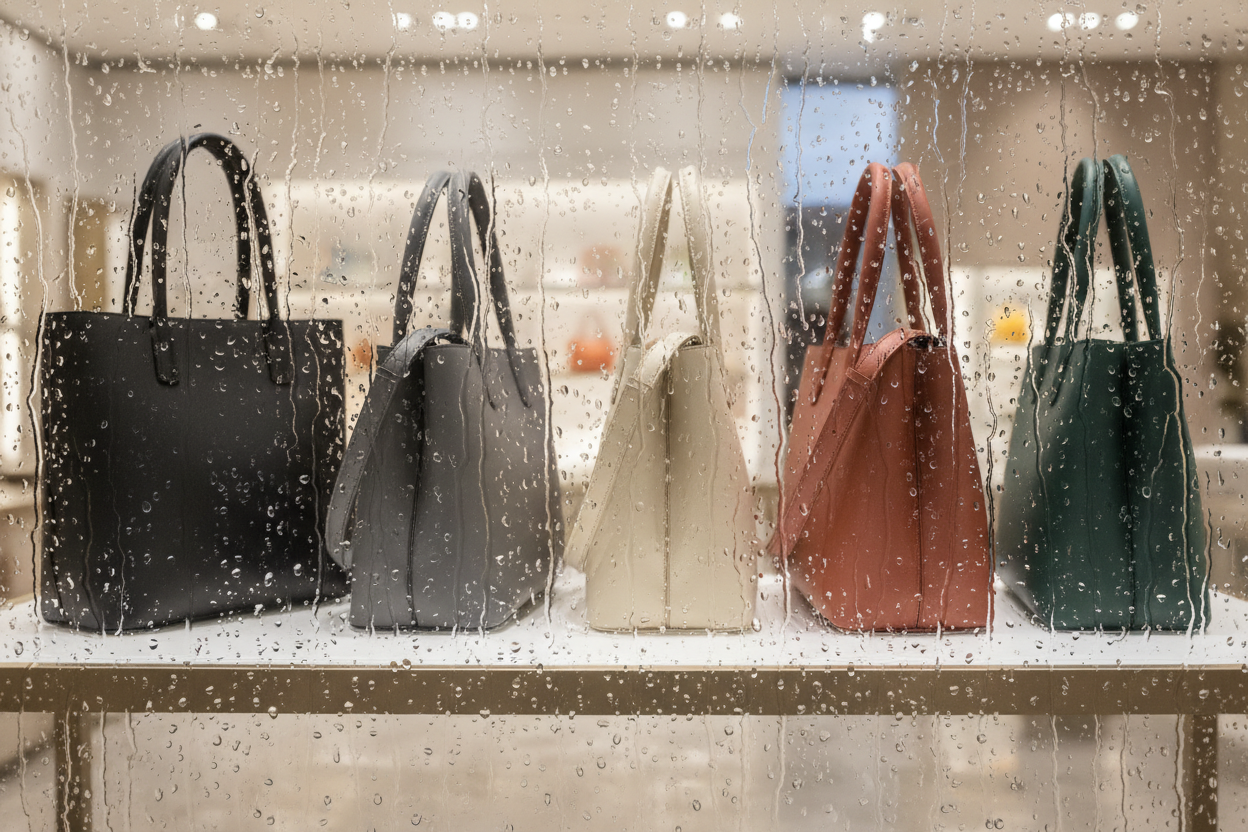 yan yana dizilmiş son derece göz alıcı ve sade çantalar olsun ama görsel önünde yağmur damlaları olsun sanki camın arkasında gibi